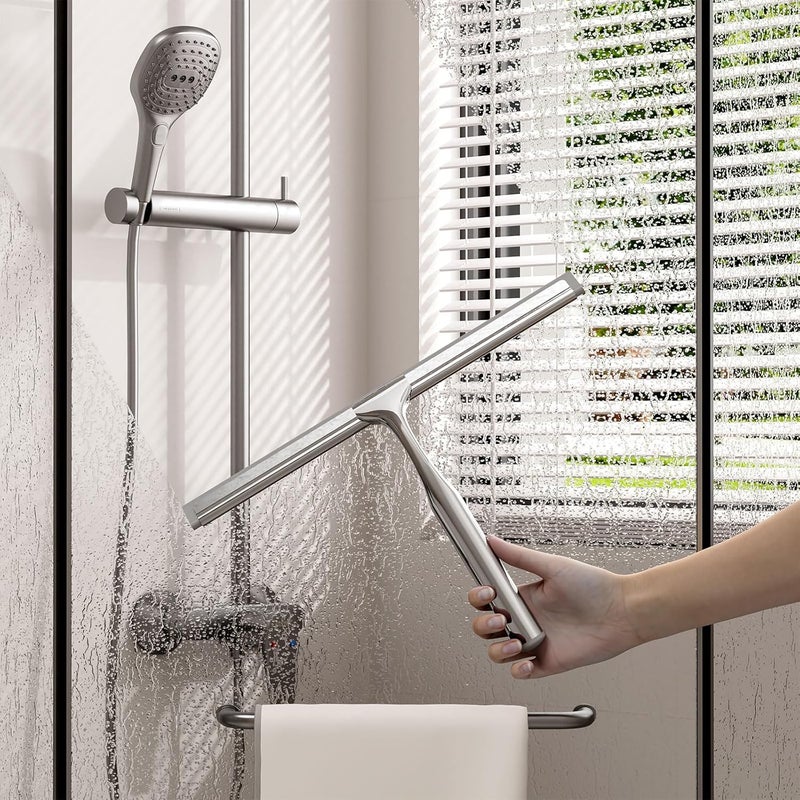 APLOP Shower Squeegee for Glass Doors, Stainless Steel Shower Squeegee for Bathroom, Window and Tiles, All-Purpose Squeegee with Adhesive Hook-10”, Chrome - Image 2